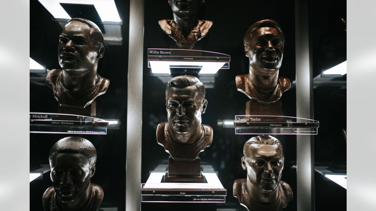 They've taken their places. The bronze busts of the nine members of the Pro  Football Hall of Fame's Class of 2023 are now home.