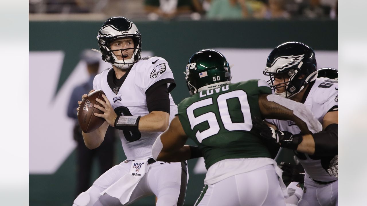 Philadelphia Eagles quarterback Clayton Thorson (8) throws a pass during  the first half of a preseason NFL football game against the New York Jets  Thursday, Aug. 29, 2019, in East Rutherford, N.J. (