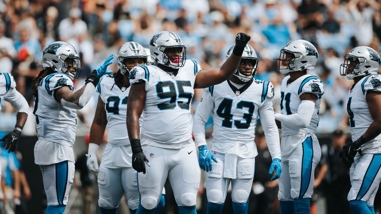 Carolina Panthers cornerback Jaycee Horn (8) lines up on defense