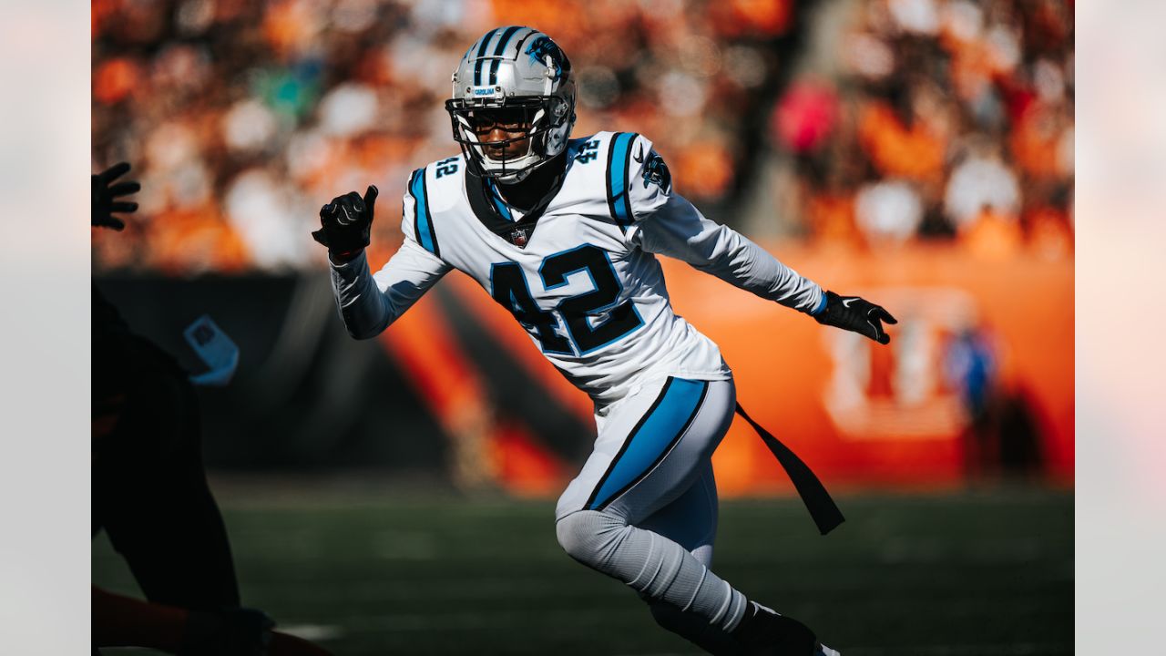 Carolina Panthers safety Sam Franklin Jr. (42) warms up before the