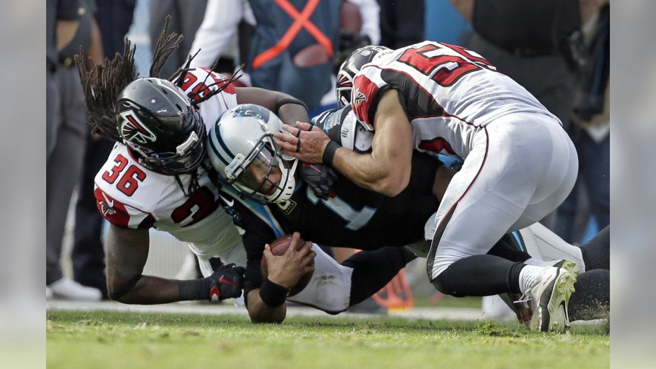 Atlanta Falcons vs. Carolina Panthers. NFL Game. American Football League  match. Silhouette of professional player celebrate touch down. Screen in  bac Stock Photo - Alamy