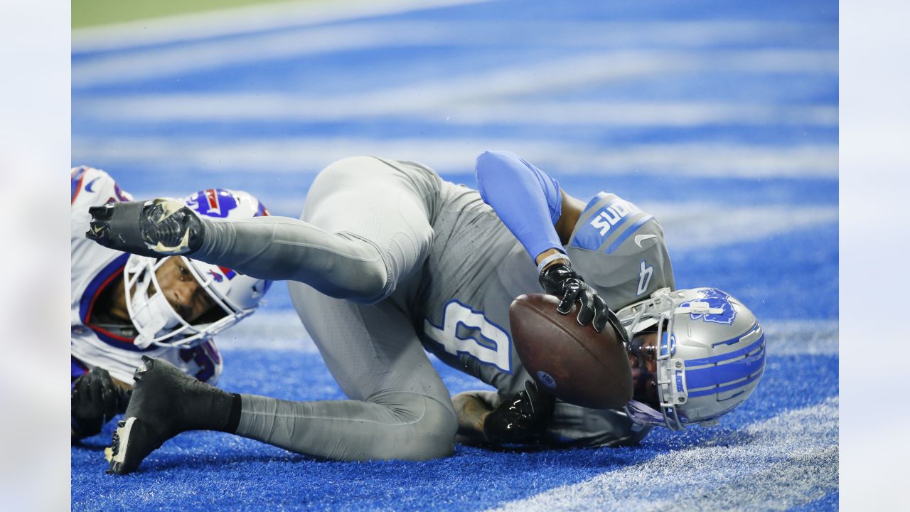 Detroit Lions wide receiver Amon-Ra St. Brown reacts after his 1-yard  reception for a touchdown during the first half of an NFL football game  against the Buffalo Bills, Thursday, Nov. 24, 2022