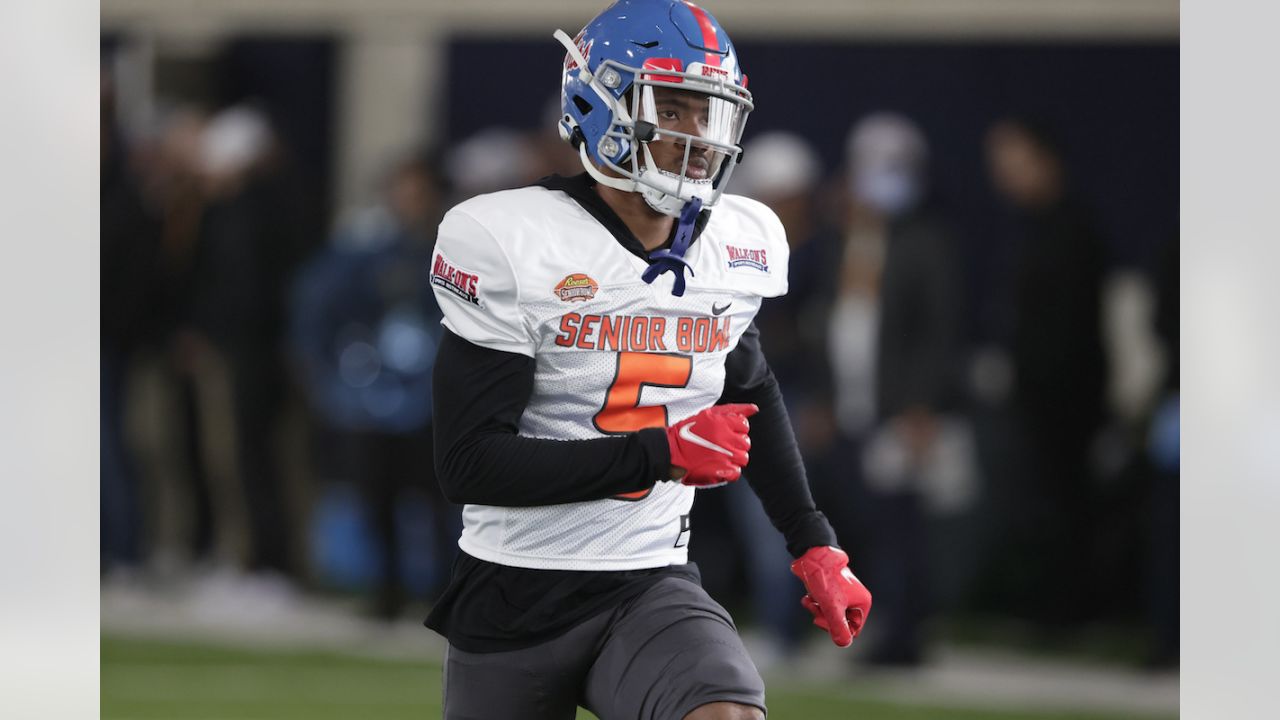 National Team wide receiver Christian Watson of North Dakota State (1) runs  through drills during practice for the Senior Bowl NCAA college football  game Thursday, Feb. 3, 2022, in Mobile, Ala. (AP