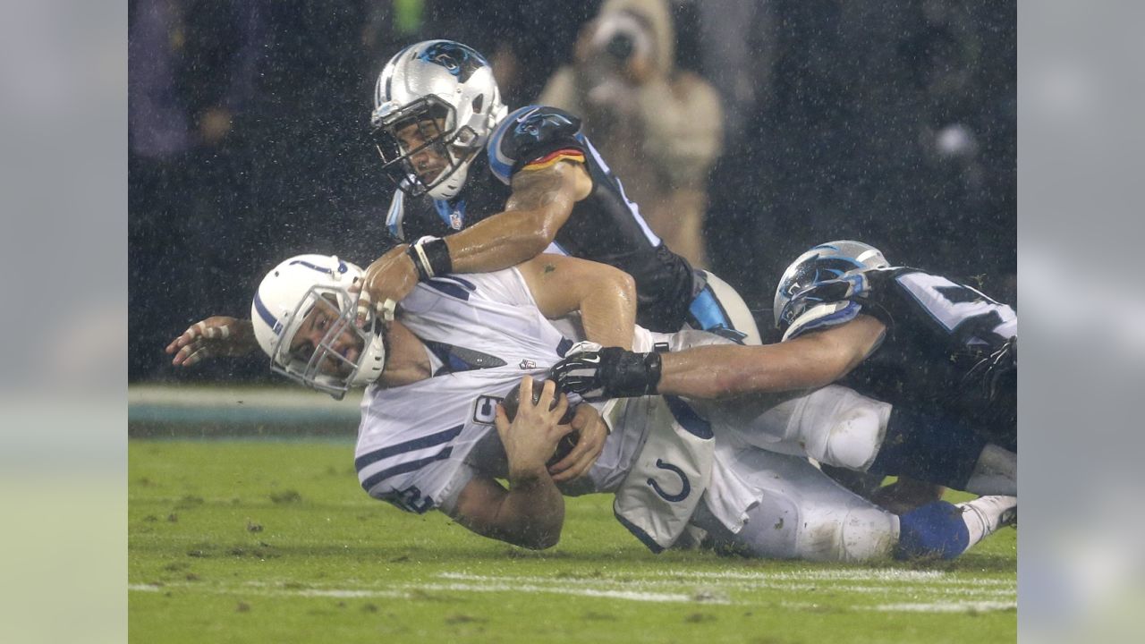 Carolina Panthers defensive back Kurt Coleman (20) after making an  interception during the NFL football game between the Indianapolis Colts  and the Carolina Panthers on Monday, Nov. 2, 2015 in Charlotte, NC.