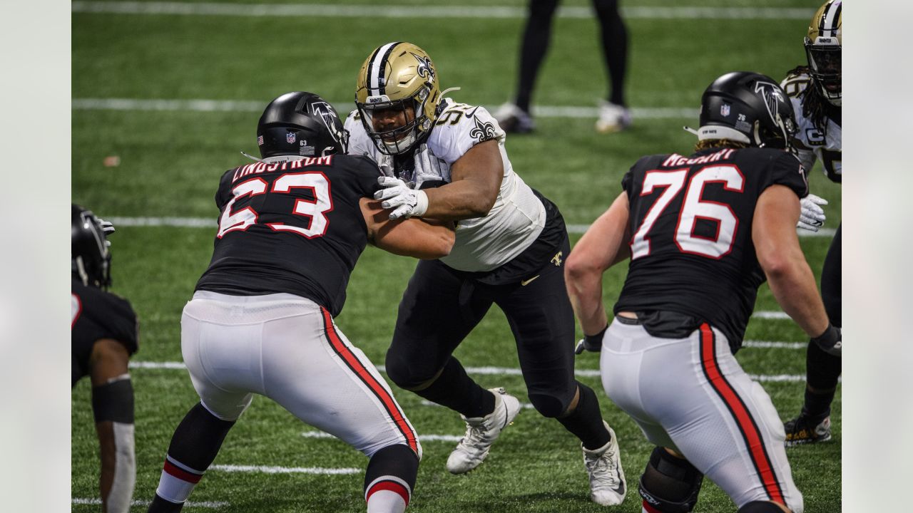 New Orleans Saints defensive tackle Shy Tuttle (99) walks on the sideline  during an NFL football game against the Minnesota Vikings at Tottenham  Hotspur Stadium, Sunday, Oct. 2, 2022, in London. The