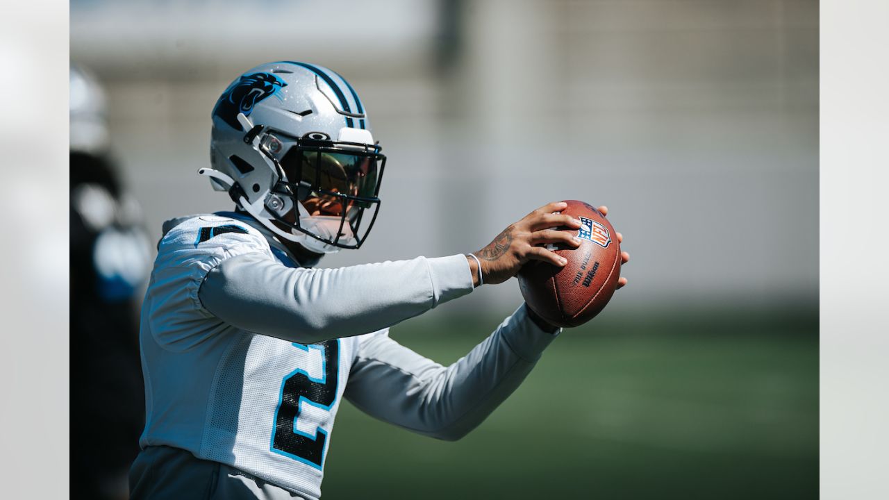 Carolina Panthers defensive tackle Marquan McCall (left) exchanges