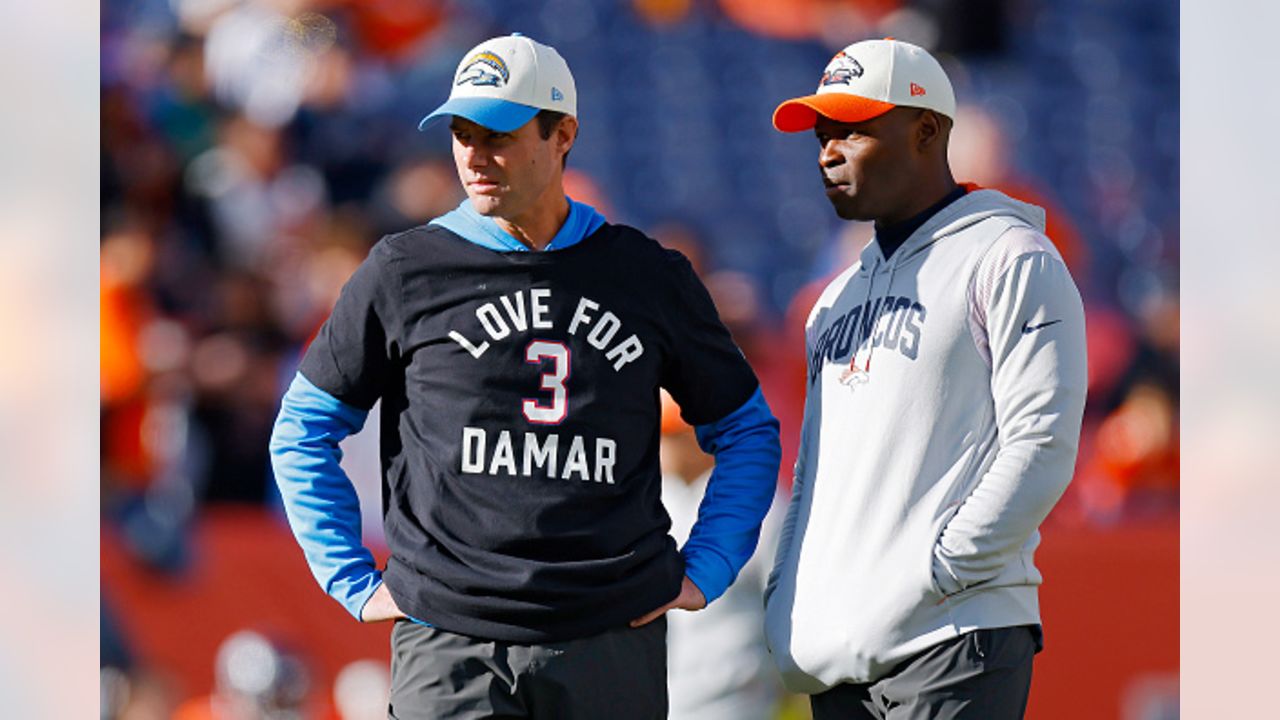 DENVER, CO - JANUARY 8: Denver Broncos cornerback Pat Surtain II (2) wears  a shirt in support of Damar Kamlin before a game between the Los Angeles  Chargers and the Denver Broncos