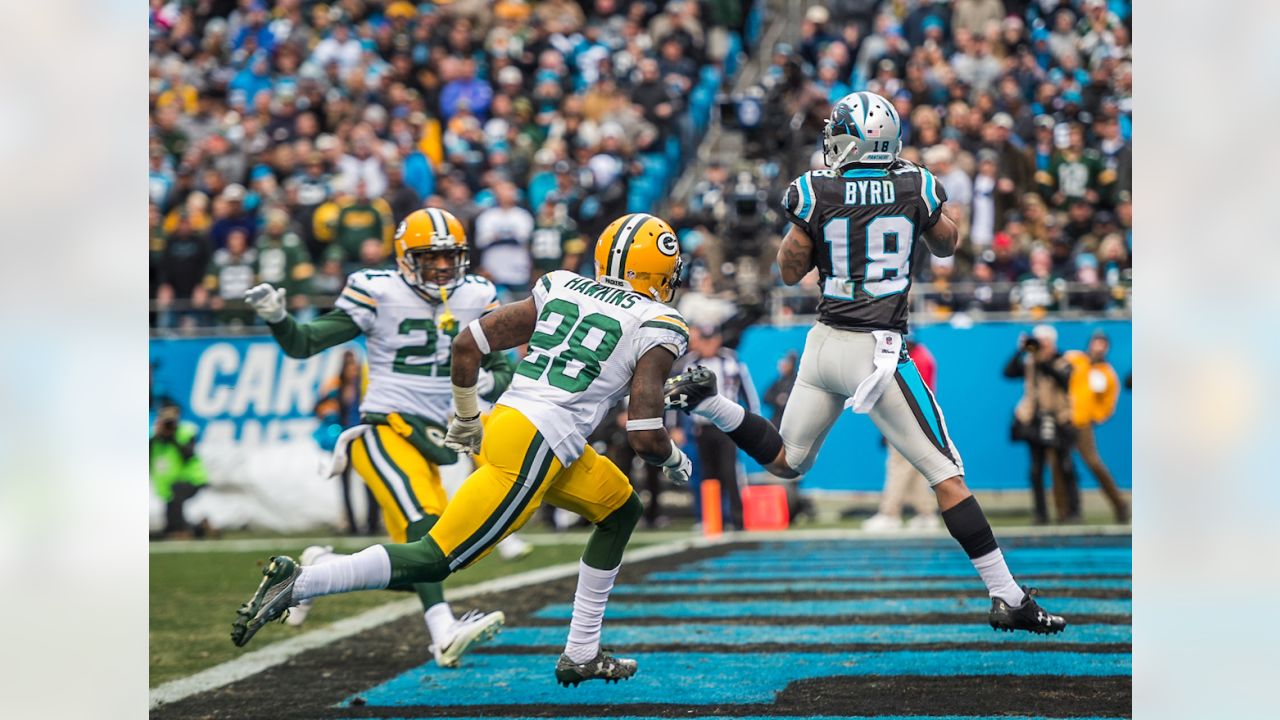 Carolina Panthers wide receiver Damiere Byrd (18) runs onto the field  before the start of an