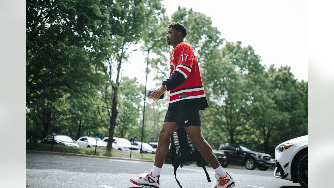 Jeremy Chinn arrives wearing Rod Brind'Amour jersey