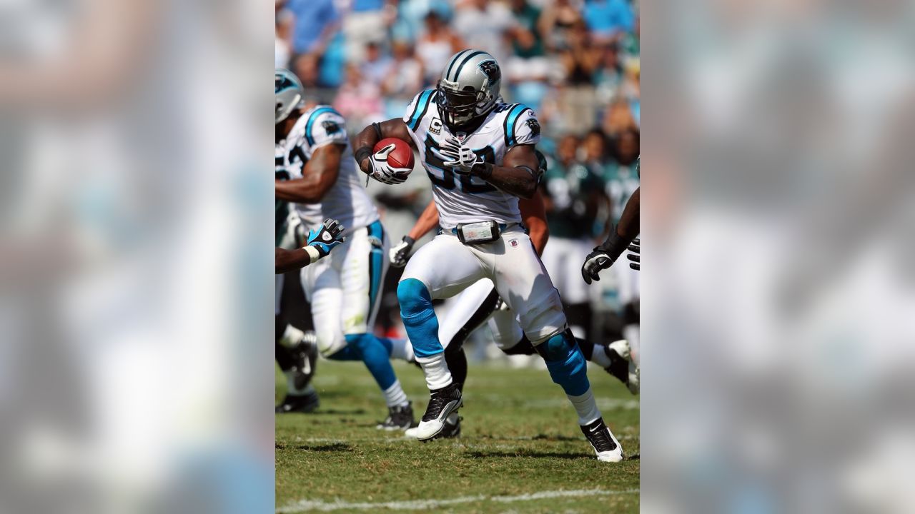 Carolina Panthers' Jon Beason, right, and Dan Morgan, left, work