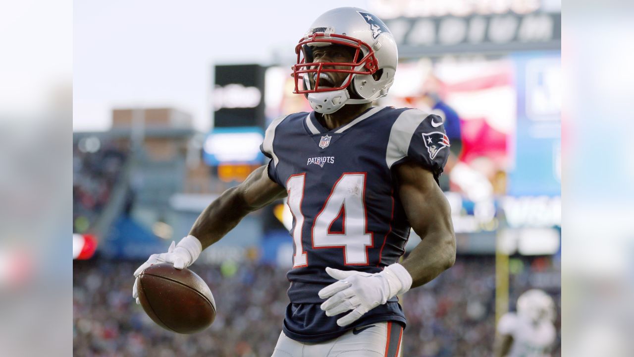 FOXBOROUGH, MA - AUGUST 19: New England Patriots wide receiver Ty Montgomery  (14) crosses the goal line during an NFL preseason game between the New  England Patriots and the Carolina Panthers on