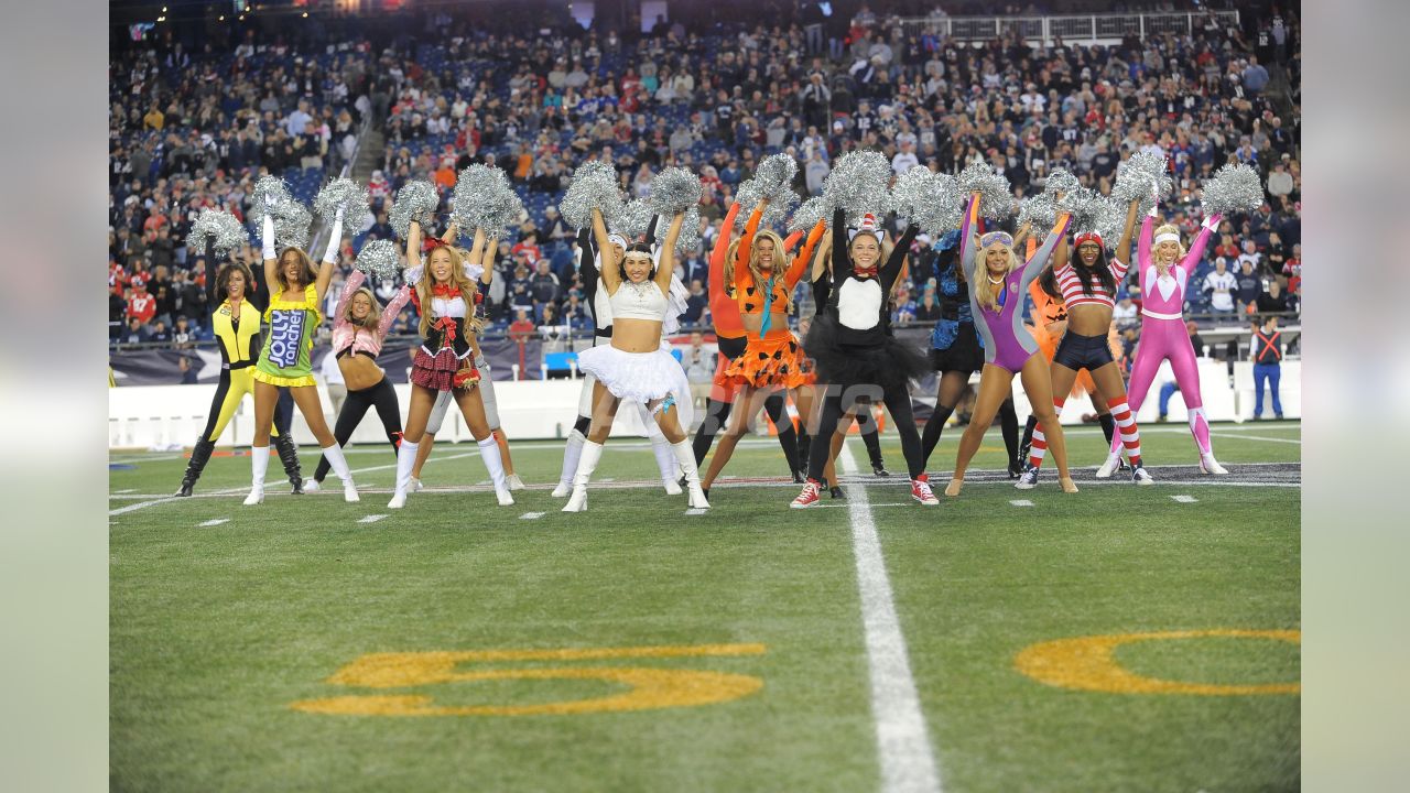 New England Patriot cheerleaders in Halloween costume at Gillette Stadium,  the home of Super Bowl champs