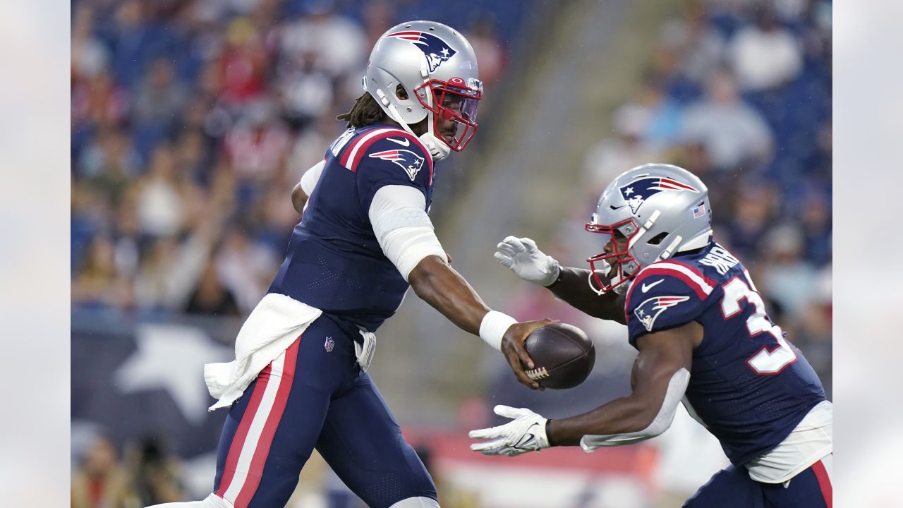 Thursday, August 12, 2021: New England Patriots running back Damien Harris  (37) during the NFL preseason game between the Washington Football Team and  the New England Patriots held at Gillette Stadium, in