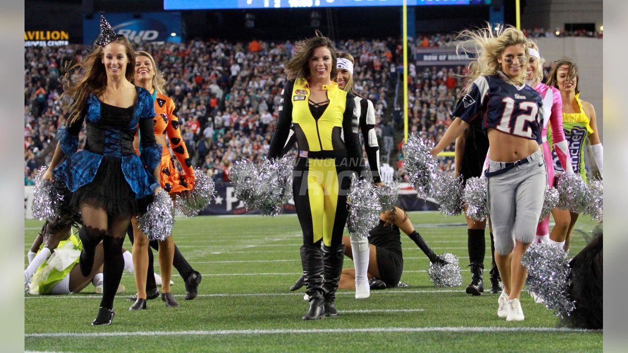 New England Patriot cheerleaders in Halloween costume at Gillette Stadium,  the home of Super Bowl champs