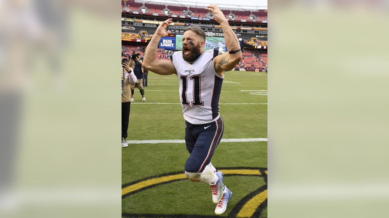 August 9, 2018: New England Patriots wide receiver Julian Edelman (11)  warms up prior to the NFL pre-season football game between the Washington  Redskins and the New England Patriots at Gillette Stadium