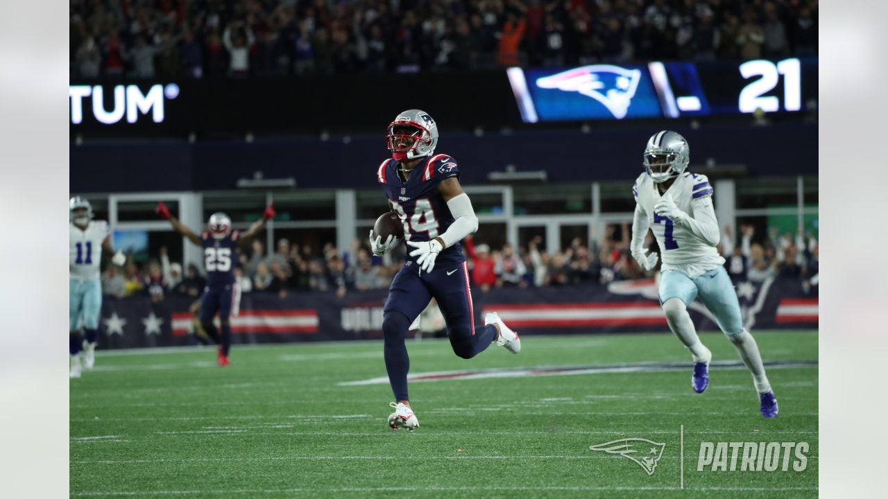 Dallas Cowboys wide receiver Ced Wilson (1) is tackled by New England  Patriots defensive back Jonathan Jones (31) during the first half of an NFL  football game, Sunday, Oct. 17, 2021, in