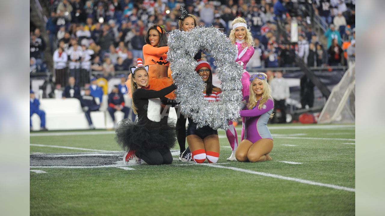 New England Patriot cheerleaders in Halloween costume at Gillette Stadium,  the home of Super Bowl champs