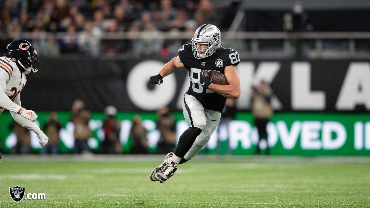 Las Vegas Raiders tight end Foster Moreau (87) warms up during pre-game  before an NFL football game against the Kansas City Chiefs Sunday, Dec. 12,  2021, in Kansas City, Mo. (AP Photo/Peter