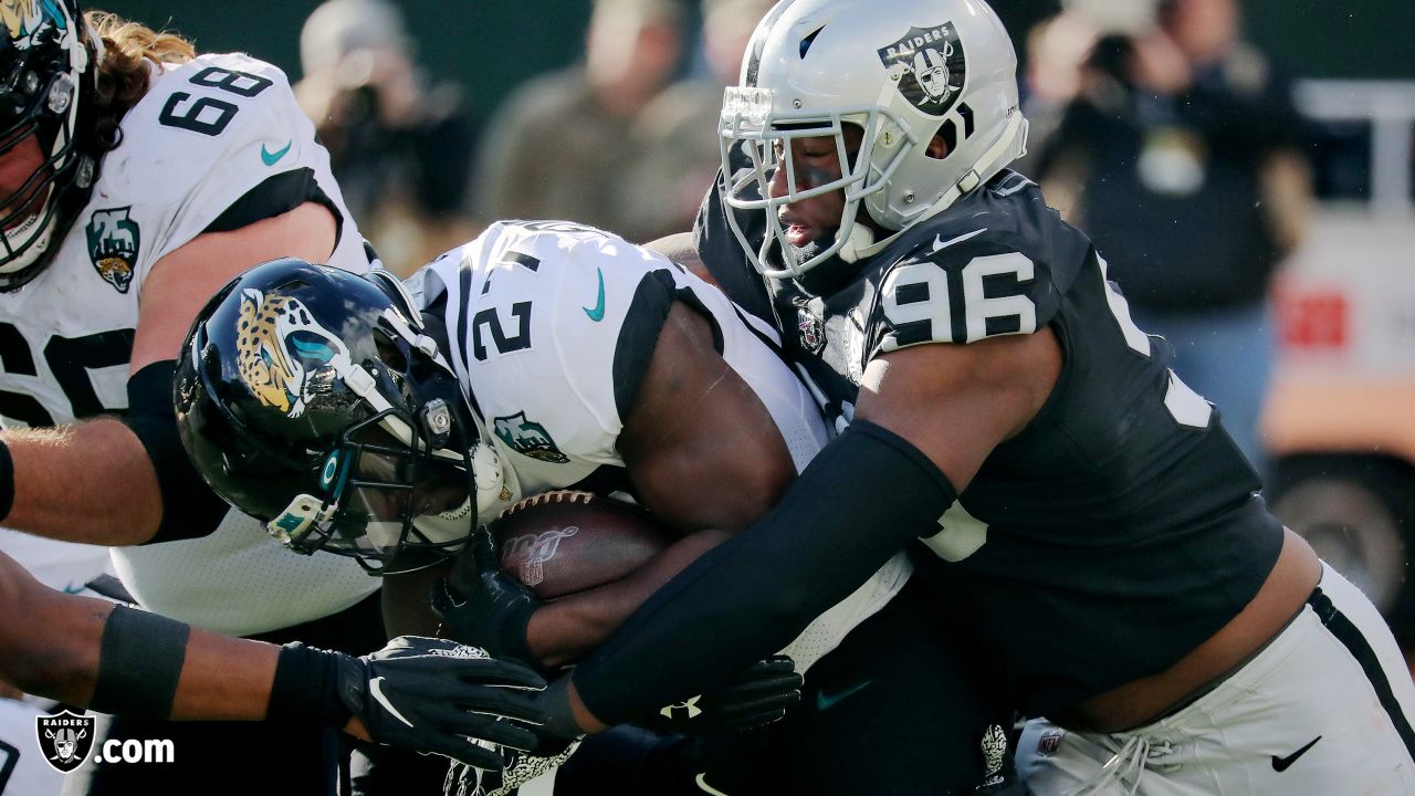 Oakland Raiders defensive end Clelin Ferrell (96) reacts after