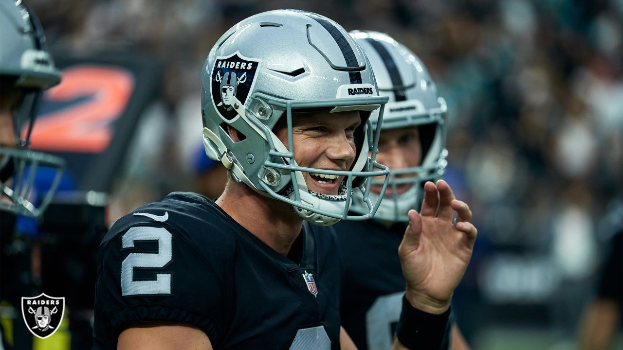 Las Vegas Raiders place kicker Daniel Carlson (2) after kicking field goal  during an NFL football game against the Seattle Seahawks, Sunday, Nov. 27,  2022, in Seattle, WA. The Raiders defeated the