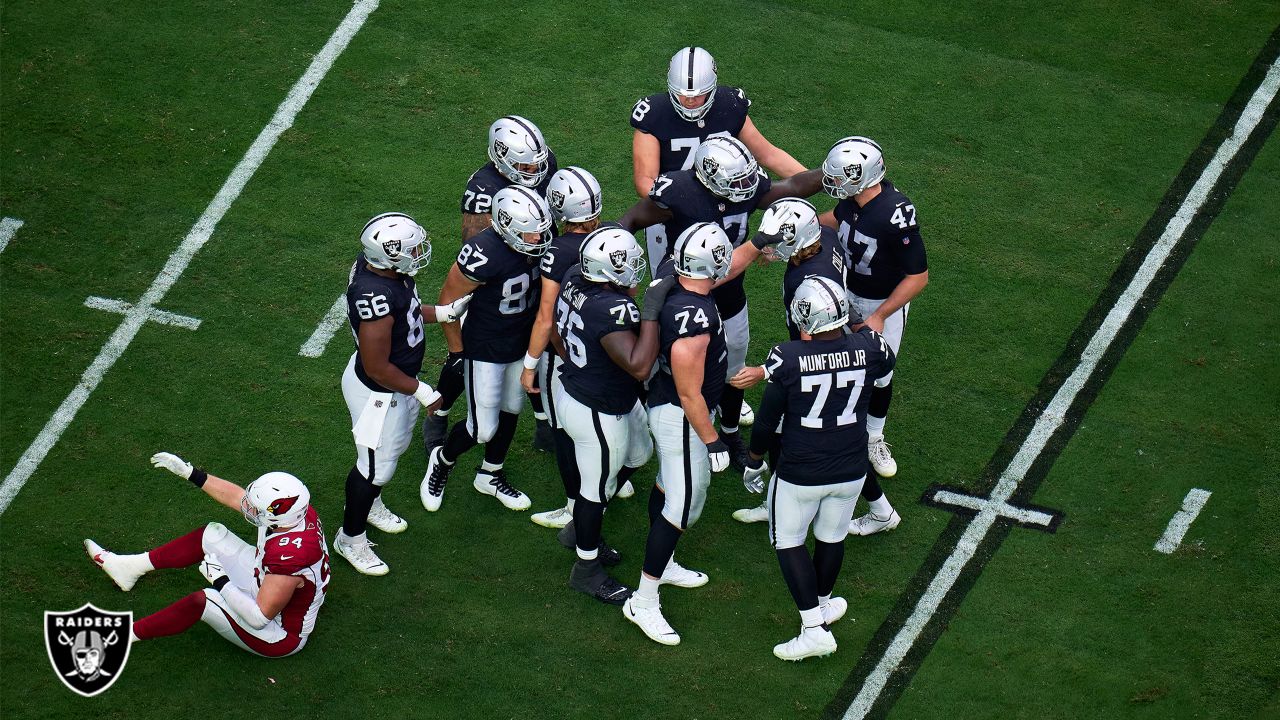 NASHVILLE, TN - SEPTEMBER 25: Las Vegas Raiders offensive tackle Thayer  Munford Jr. (77) looks on during warmups before the game between the  Tennessee Titans and the Las Vegas Raiders on September