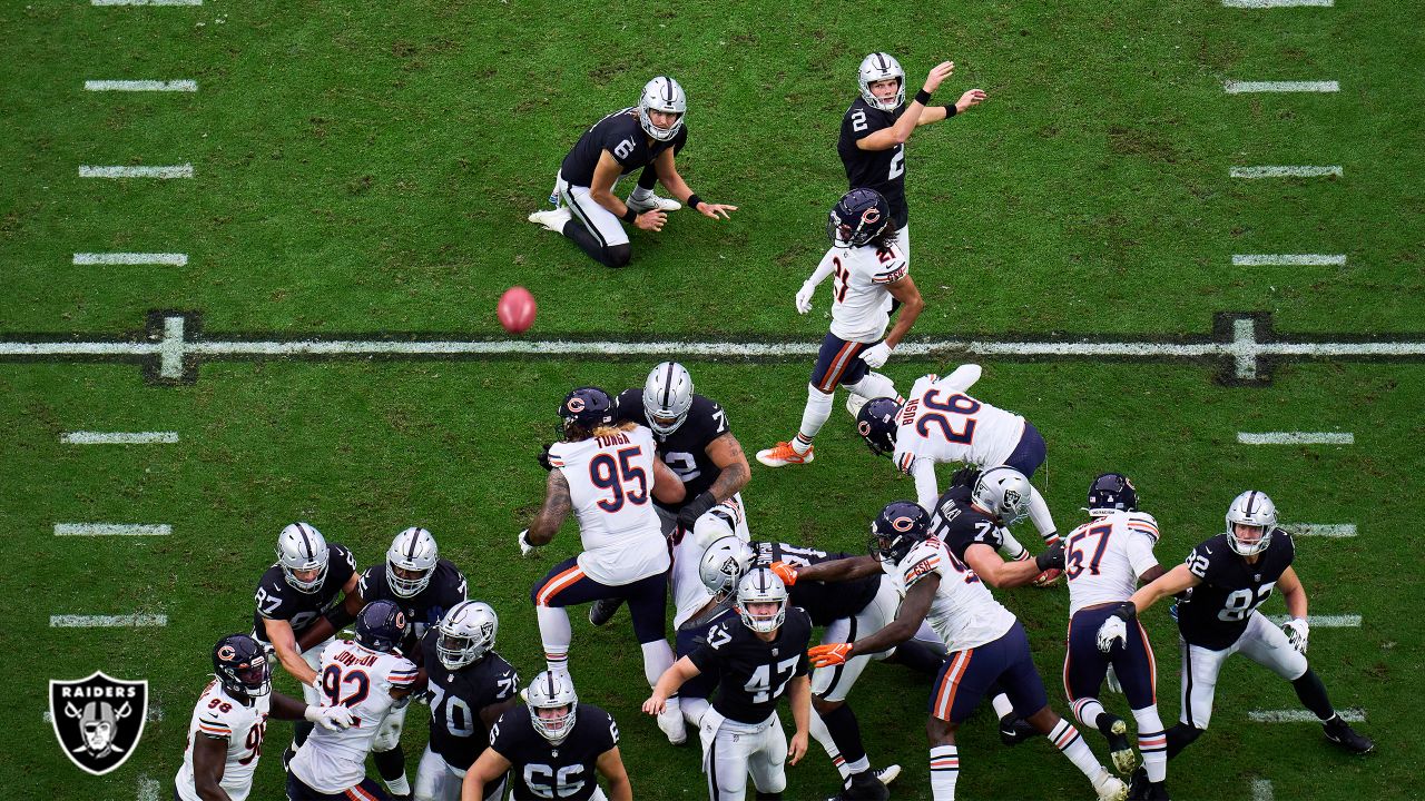 Las Vegas Raiders kicker Daniel Carlson (2) on the field during warm-ups  before the start of an NFL football game against the Los Angeles Chargers,  Sunday, September 11, 2022 in Inglewood, Calif.