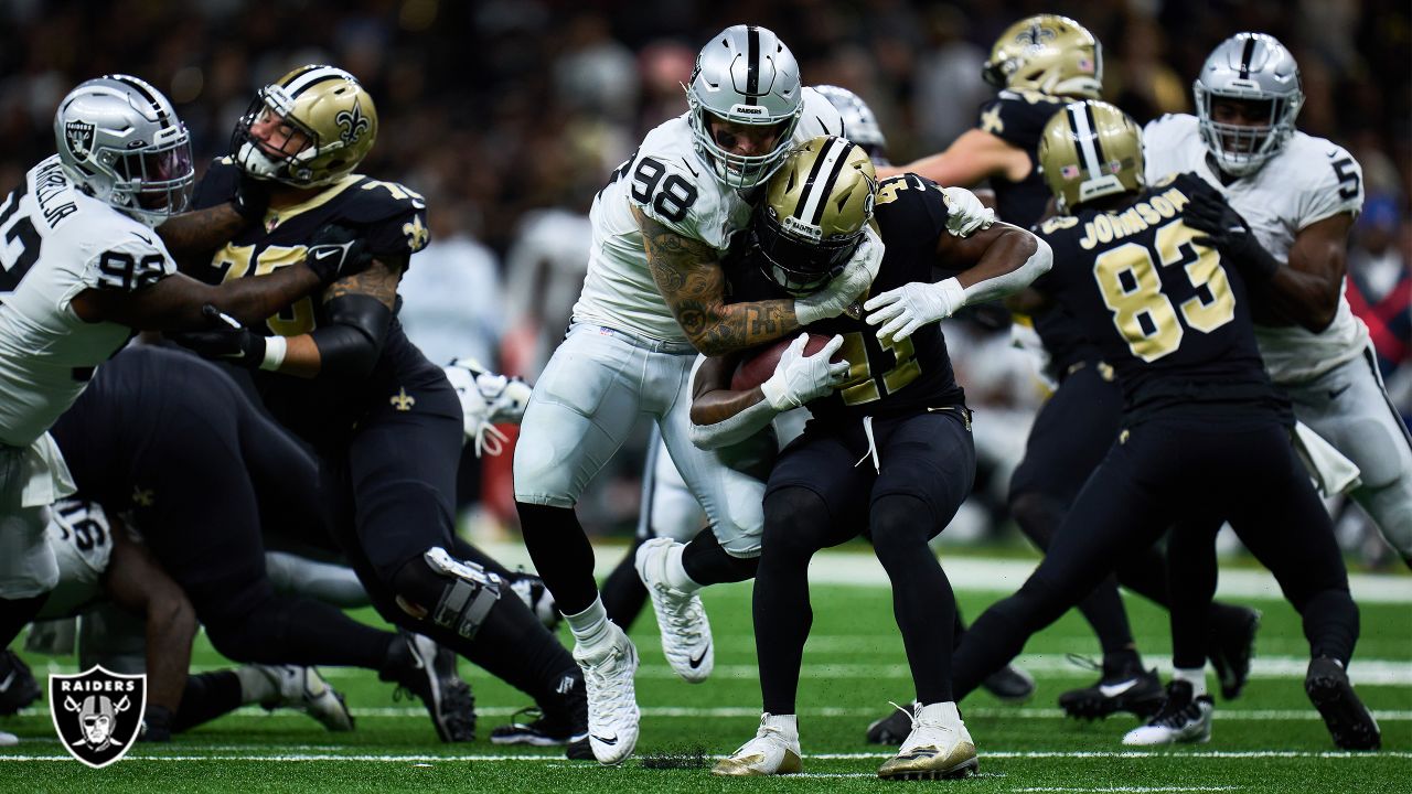 Raiders defensive end Maxx Crosby (98) poses during the second half of an  NFL football game aga …