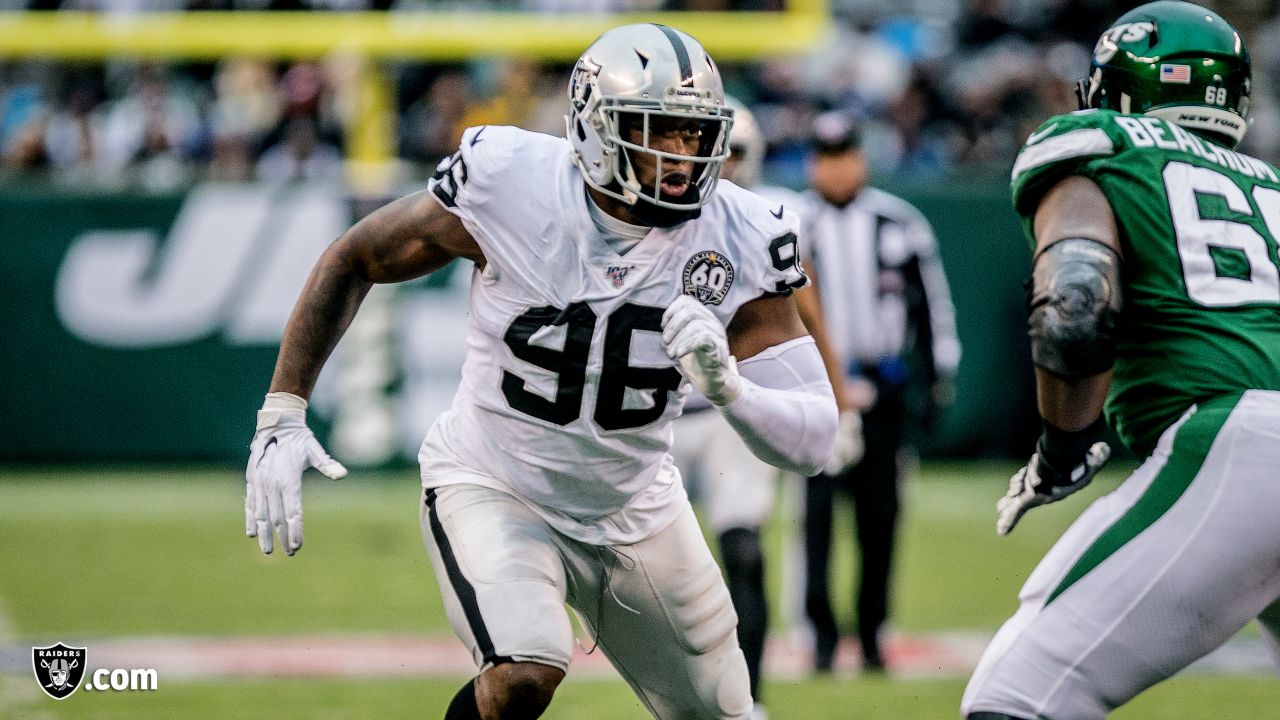 Oakland Raiders defensive end Clelin Ferrell (96) reacts after