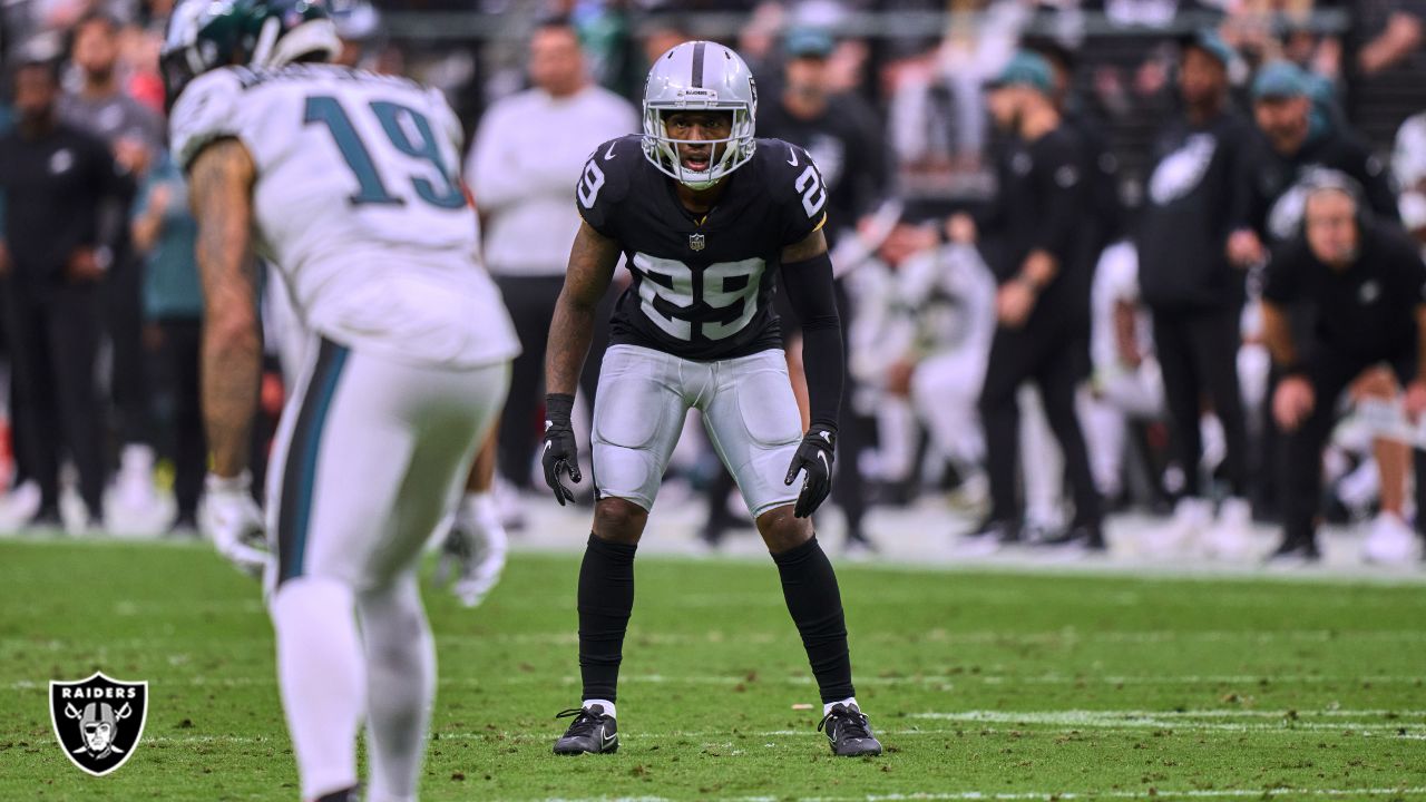 Las Vegas Raiders cornerback Casey Hayward (29) is pumped after a safety  during the first half …