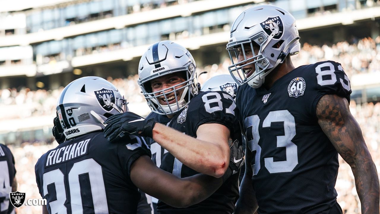 Las Vegas Raiders tight end Darren Waller (83) and Las Vegas Raiders tight  end Foster Moreau (8 …