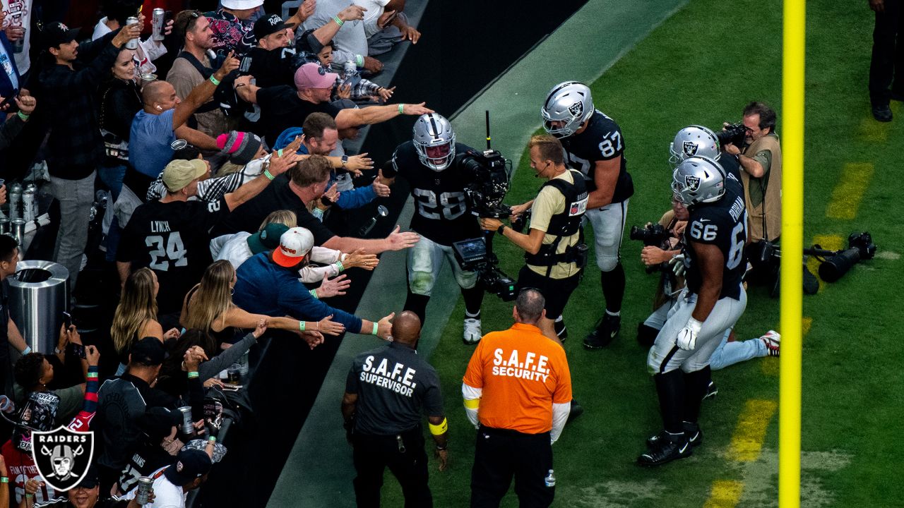 Oakland Raiders running back Josh Jacobs (28) celebrates after