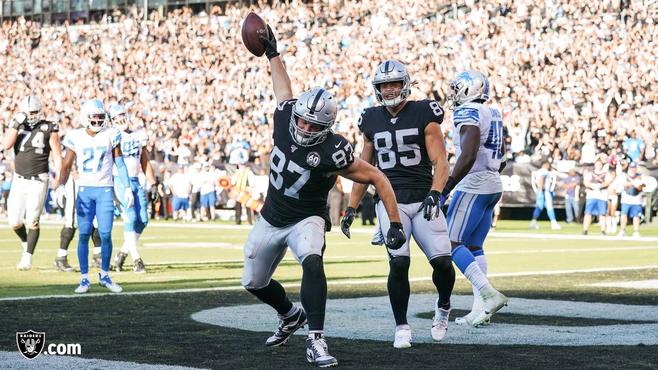 Raiders tight end Foster Moreau (87) prepares to spike the football after  scoring a touchdown d …