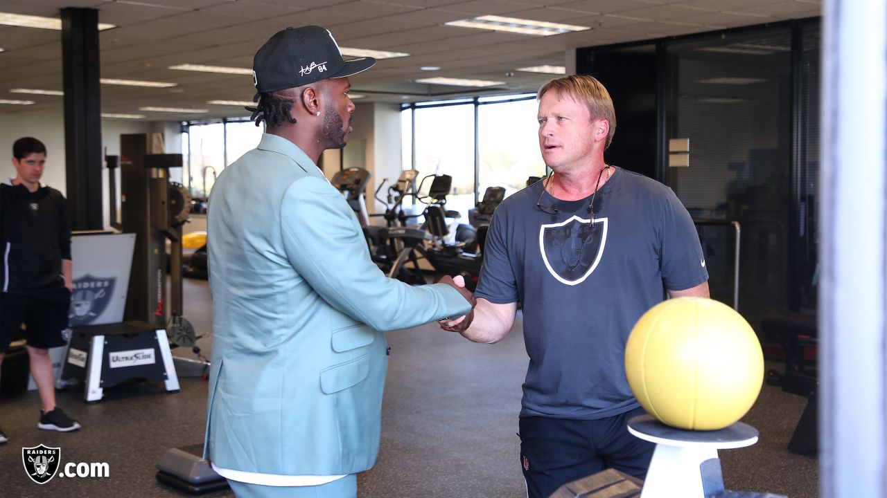 Alameda, United States. 13th Mar, 2019. Mar 13, 2019; Alameda, CA, USA;  Oakland Raiders receiver Antonio Brown is introduced at a press conference  at the Raiders practice facility. From right: Raiders coach