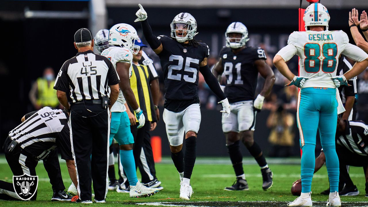 Las Vegas Raiders safety Tre'von Moehrig (25) celebrates breaking up a pass  intended for Los Angeles Rams wide receiver Cooper Kupp (10) during traini  Stock Photo - Alamy