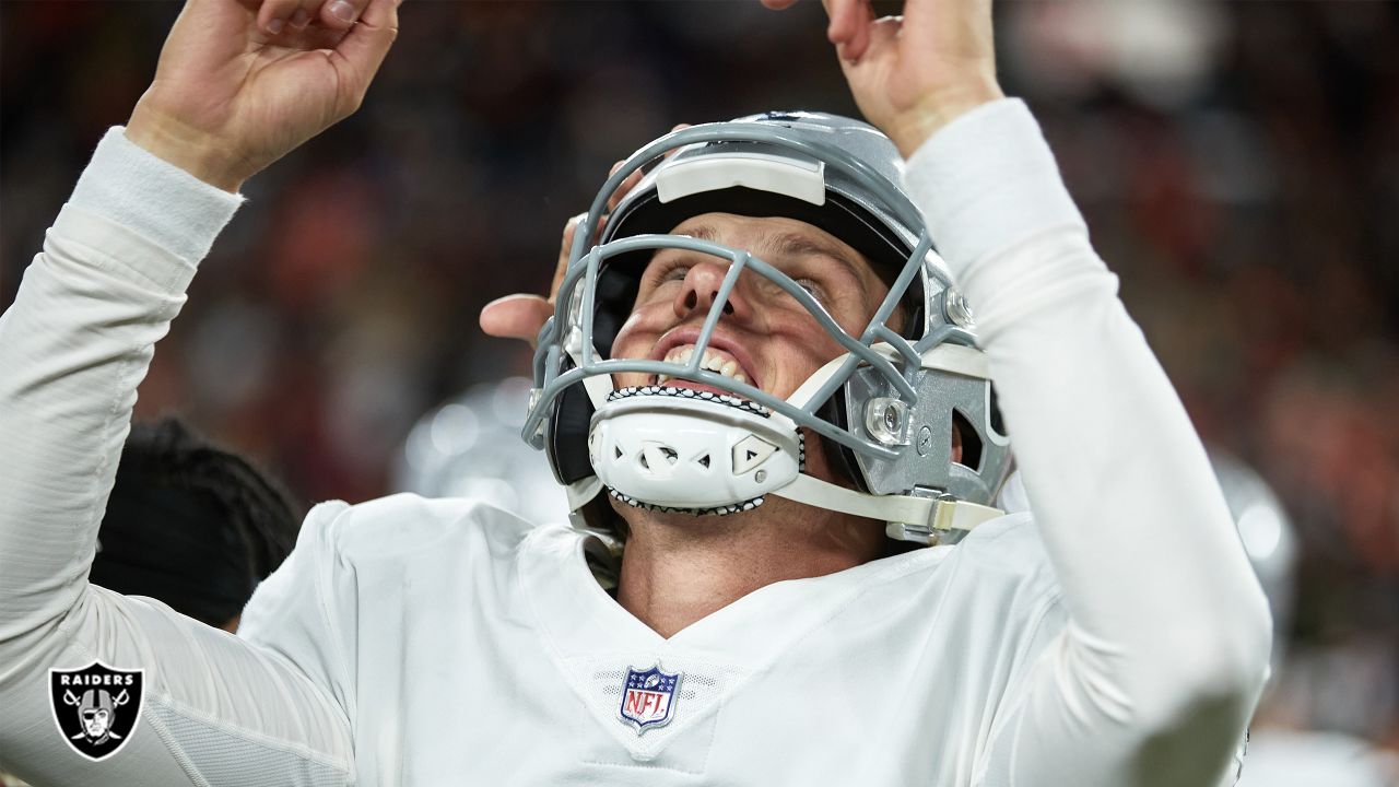 Las Vegas Raiders kicker Daniel Carlson (2) on the field during warm-ups  before the start of an NFL football game against the Los Angeles Chargers,  Sunday, September 11, 2022 in Inglewood, Calif.