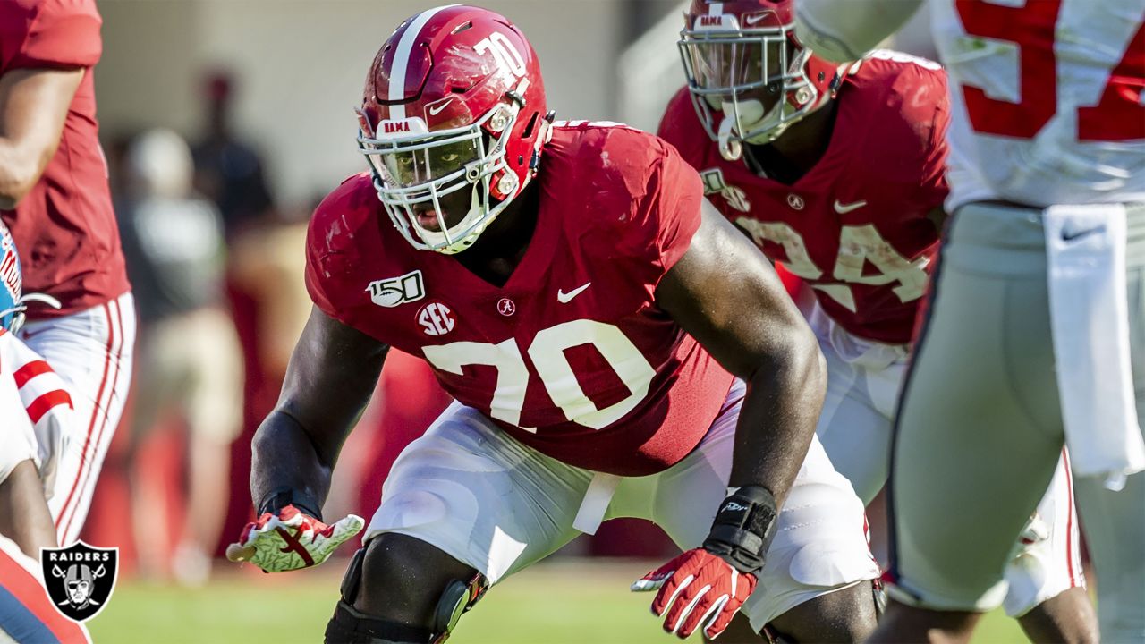 Raiders RT Alex Leatherwood works with the third team on Saturday