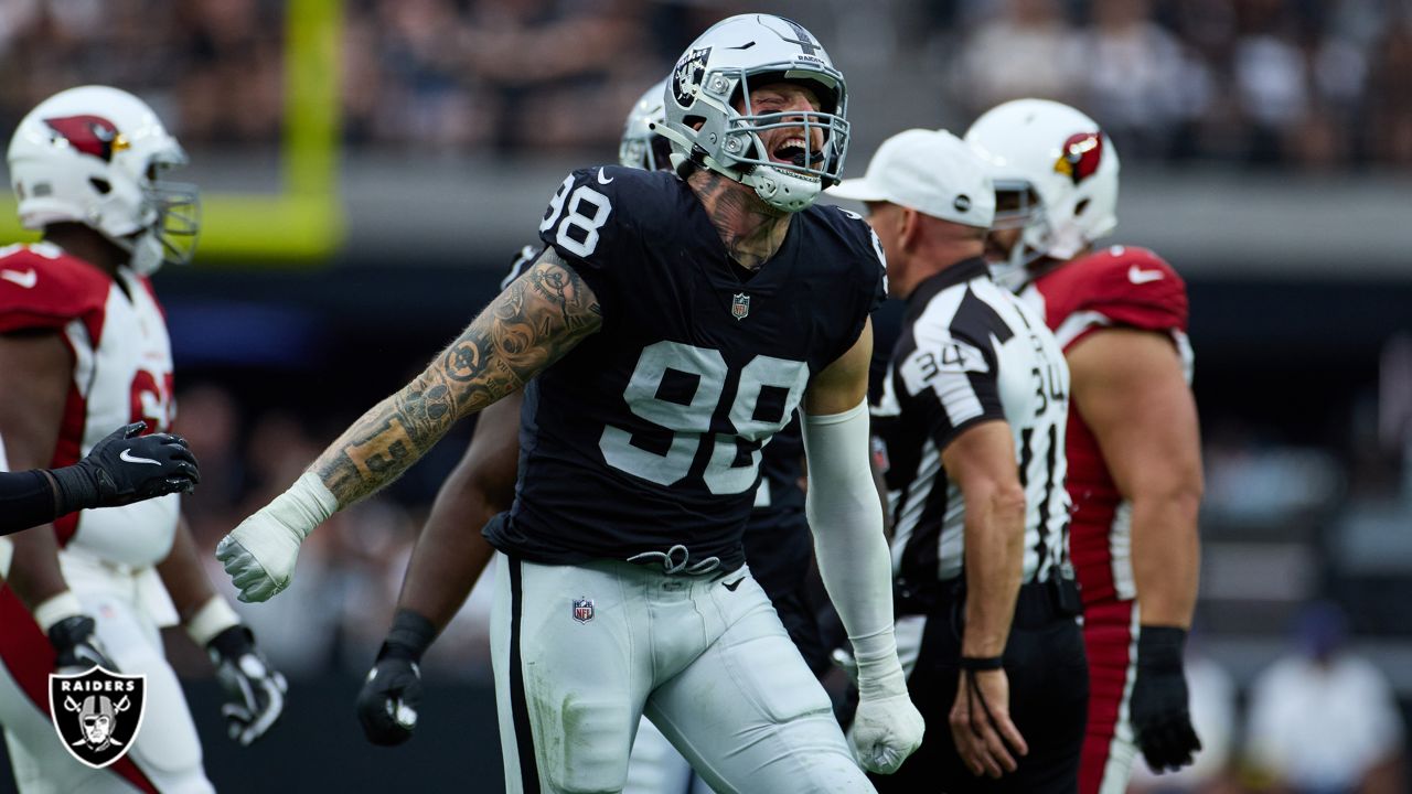 Las Vegas Raiders defensive end Maxx Crosby (98) celebrates after a big  defensive stop in the f …