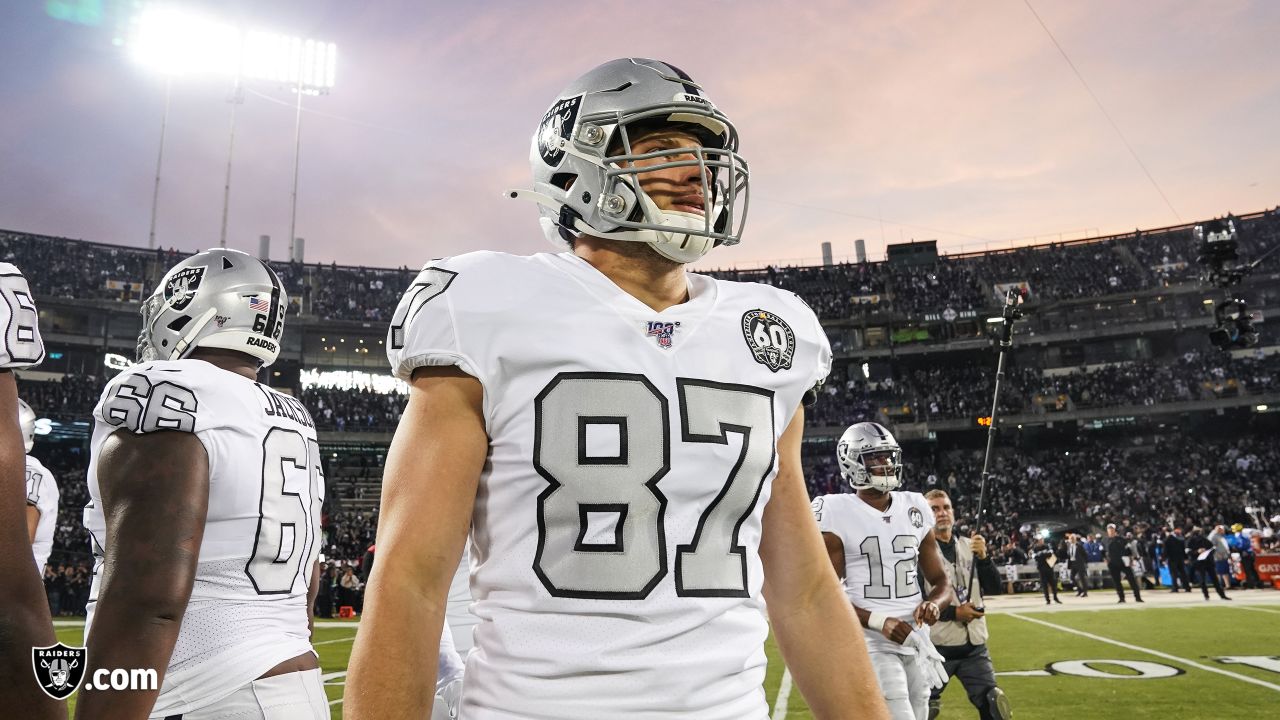 Las Vegas Raiders tight end Foster Moreau (87) warms up during pre-game  before an NFL football game against the Kansas City Chiefs Sunday, Dec. 12,  2021, in Kansas City, Mo. (AP Photo/Peter