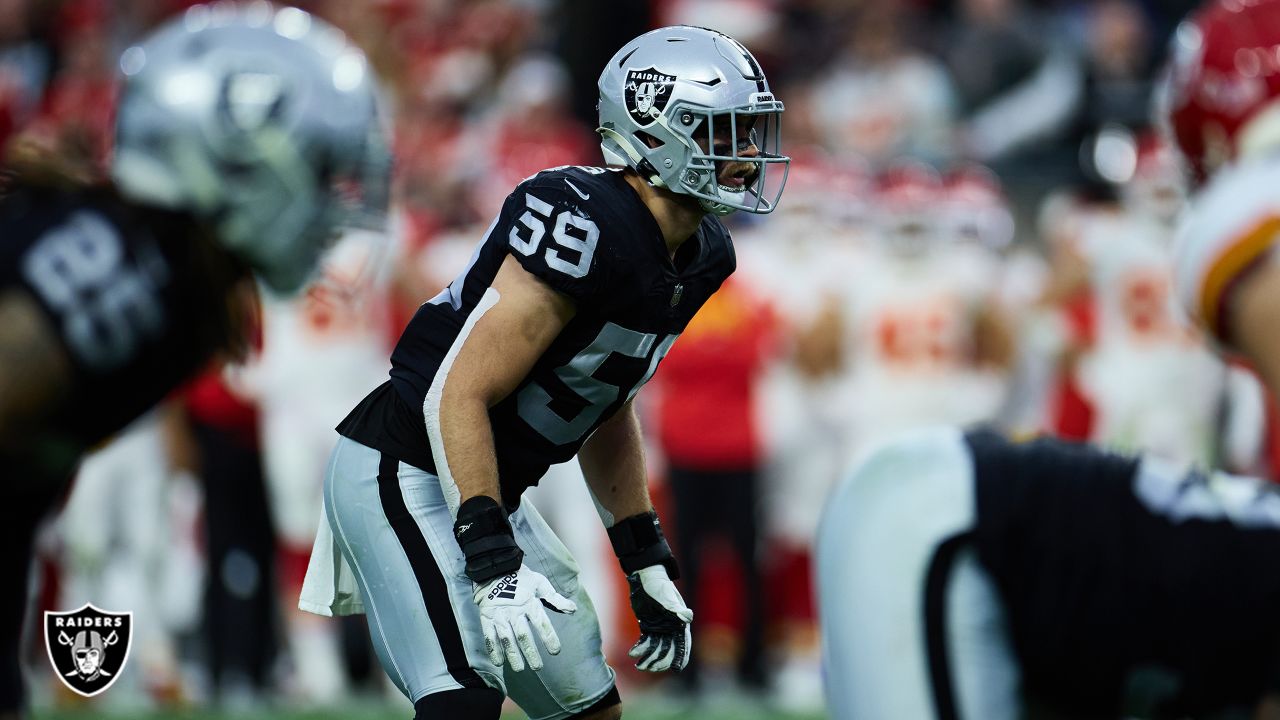 Las Vegas Raiders linebacker Luke Masterson (59) lines up against