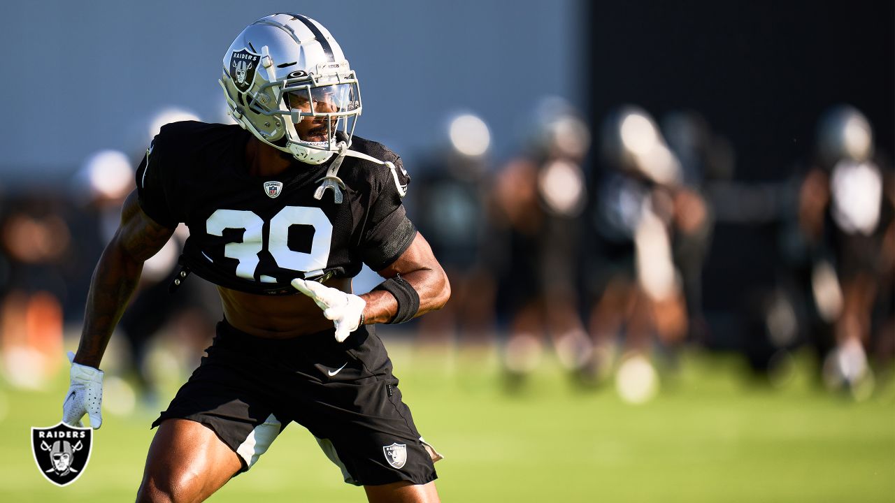 Las Vegas Raiders cornerback Nate Hobbs (39) is seen during warm