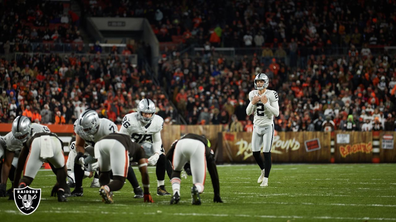 Las Vegas Raiders kicker Daniel Carlson (2) on the field during warm-ups  before the start of an NFL football game against the Los Angeles Chargers,  Sunday, September 11, 2022 in Inglewood, Calif.