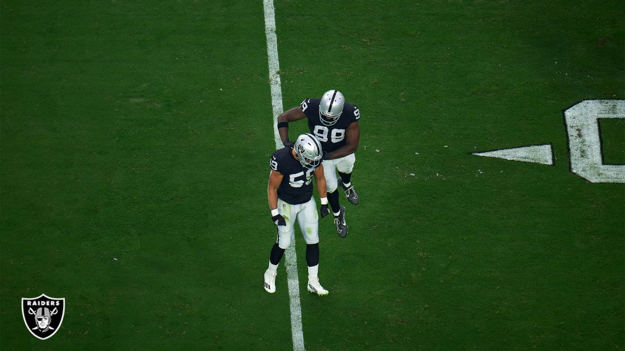 Las Vegas Raiders defensive end Clelin Ferrell (99) gets set on defense  during an NFL football