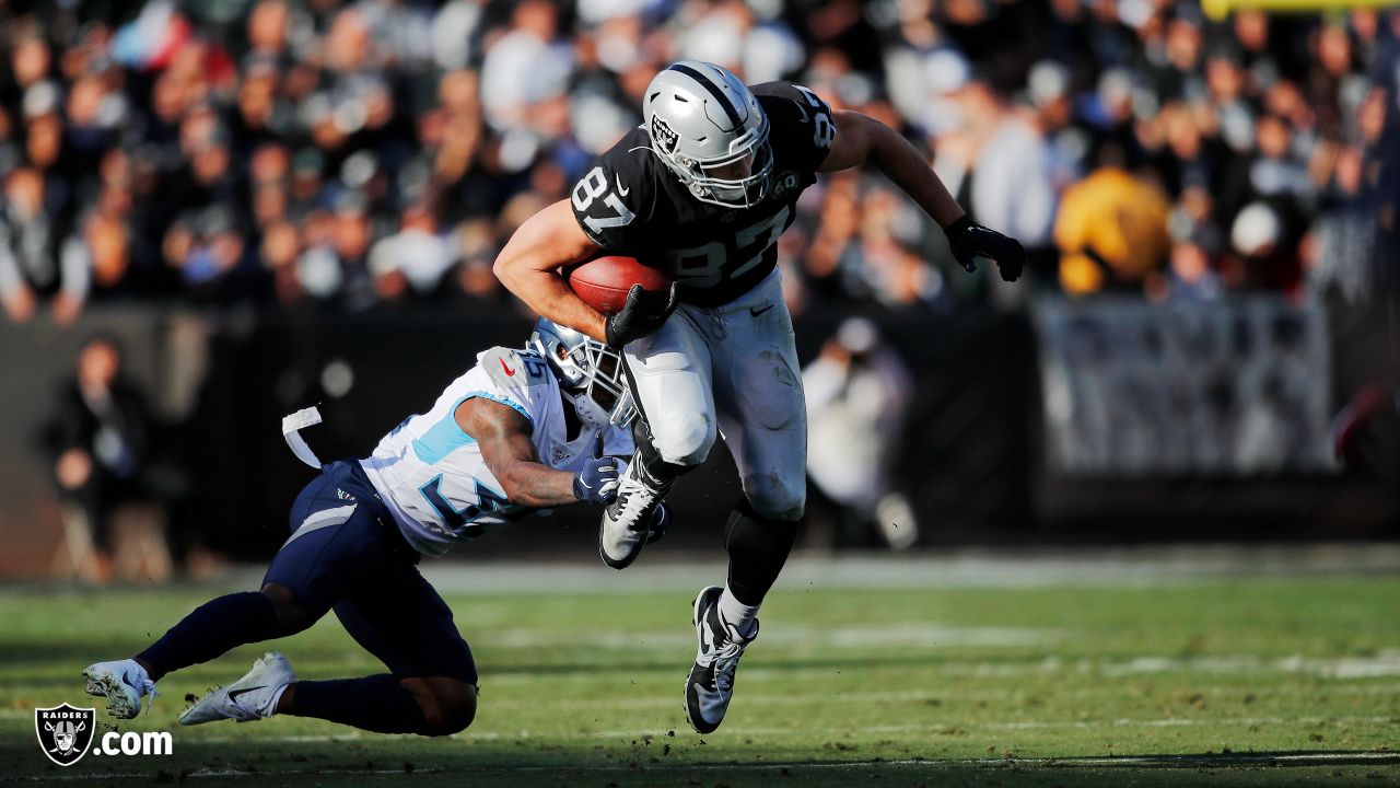 Las Vegas Raiders tight end Foster Moreau (87) warms up during pre-game  before an NFL football game against the Kansas City Chiefs Sunday, Dec. 12,  2021, in Kansas City, Mo. (AP Photo/Peter