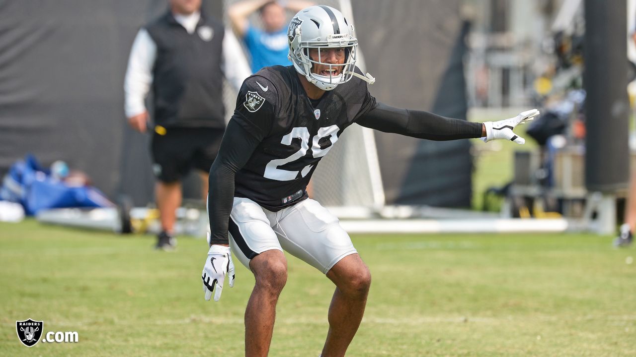 Oakland Raiders free safety Erik Harris during NFL football training camp  Thursday, Aug. 8, 2019, in Napa, Calif. Both the Oakland Raiders and the  Los Angeles Rams held a joint practice before