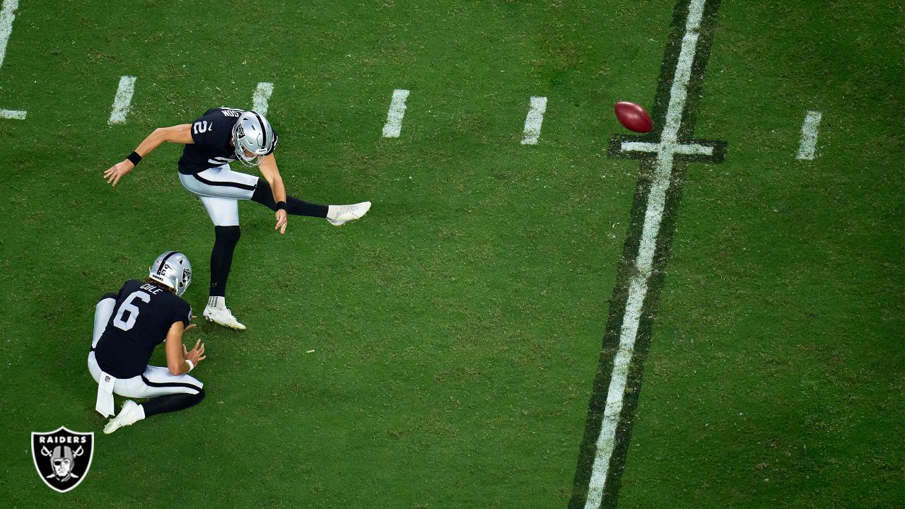 JACKSONVILLE, FL - NOVEMBER 06: Las Vegas Raiders place kicker Daniel  Carlson (2) kicks during the g