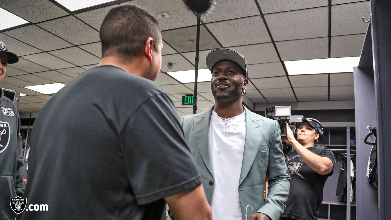 Alameda, United States. 13th Mar, 2019. Mar 13, 2019; Alameda, CA, USA;  Oakland Raiders receiver Antonio Brown is introduced at a press conference  at the Raiders practice facility. From right: Raiders coach