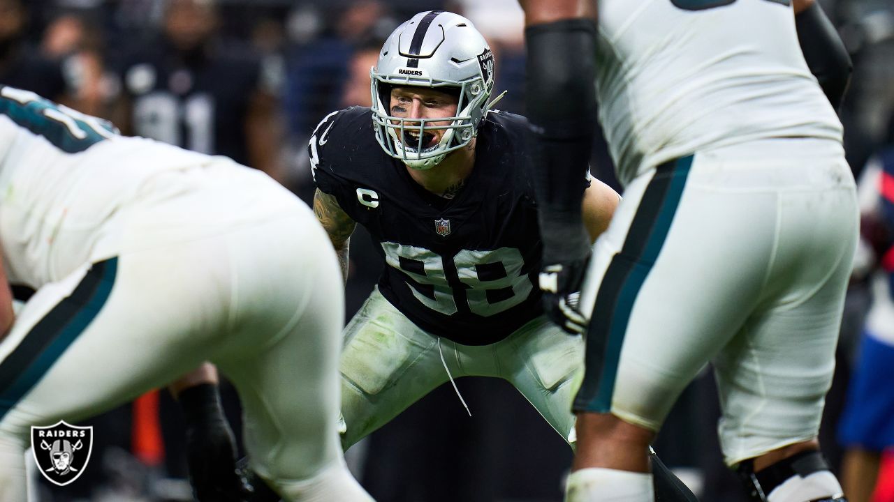 AFC defensive end Maxx Crosby of the Las Vegas Raiders (98) celebrates  after a play against the NFC during the Pro Bowl NFL football game, Sunday,  Feb. 6, 2022, in Las Vegas. (