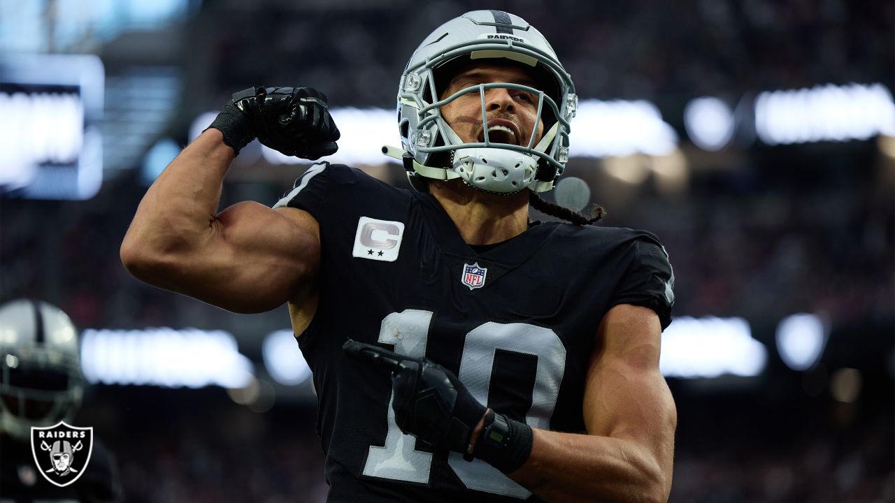 Mack Hollins of the Las Vegas Raiders celebrates after catching