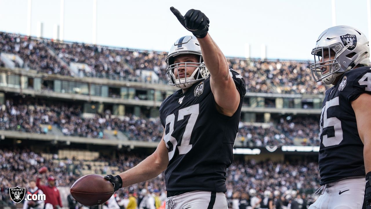 Las Vegas Raiders tight end Foster Moreau (87) celebrates a