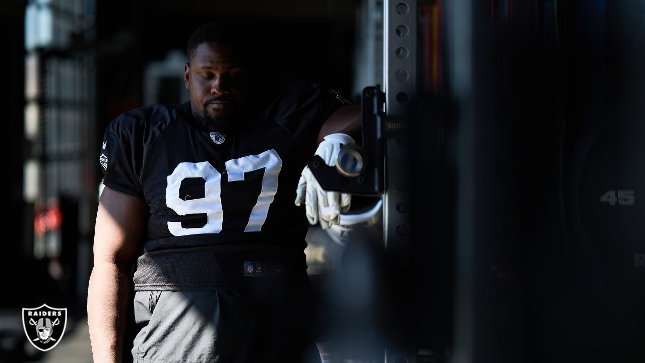 Raiders defensive end Clelin Ferrell (99) during an NFL football practice  on Wednesday, June 16 …